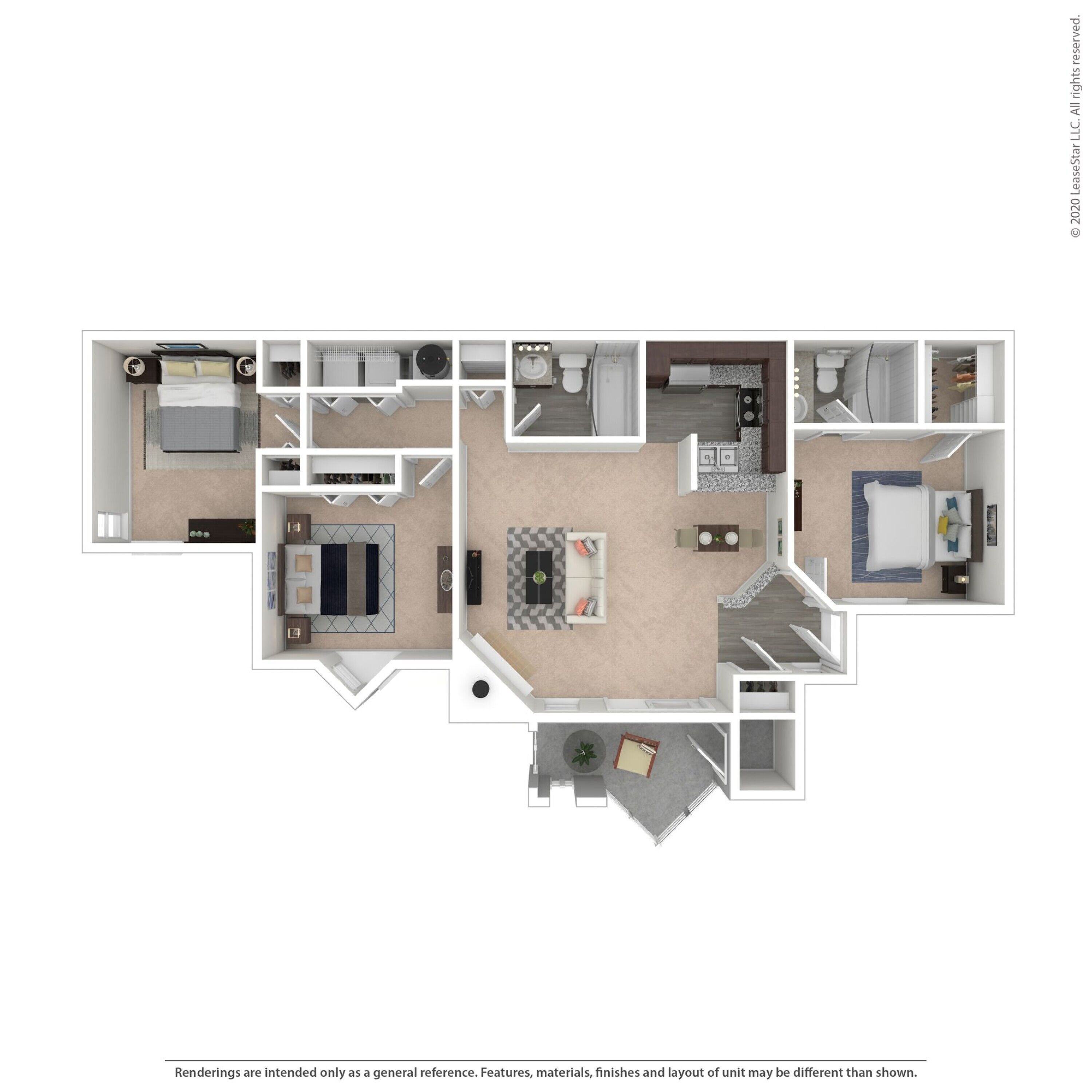 Floor plan for 3 beds, 2 baths, 1200 sqft